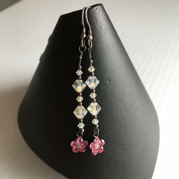Vintage Handmade Swarovski Crystal Sterling Silver Drop Earrings Pink Flowers - Picture 1 of 6